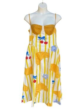 Nice To Meet You Yellow Croissant Cherry Print Midi Dress Womens Size XL New